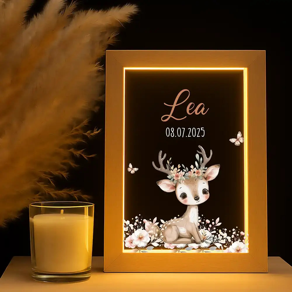 Personalisiertes LED Nachtlicht Bilderrahmen mit Namen - niedliches Reh