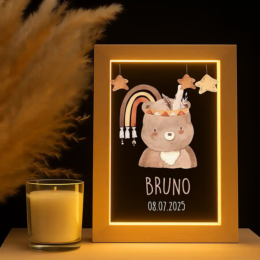 Personalisiertes LED Nachtlicht Bilderrahmen mit Namen - Boho Bär