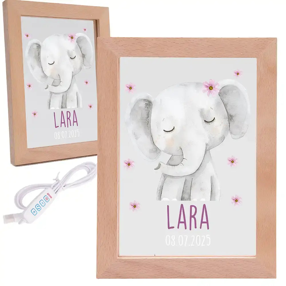 Personalisiertes LED Nachtlicht Bilderrahmen mit Namen - Elefant mit Pünktchen