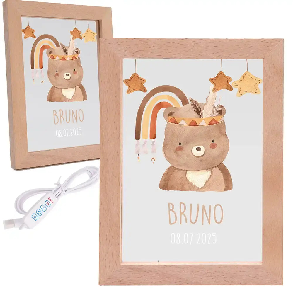 Personalisiertes LED Nachtlicht Bilderrahmen mit Namen - Boho Bär