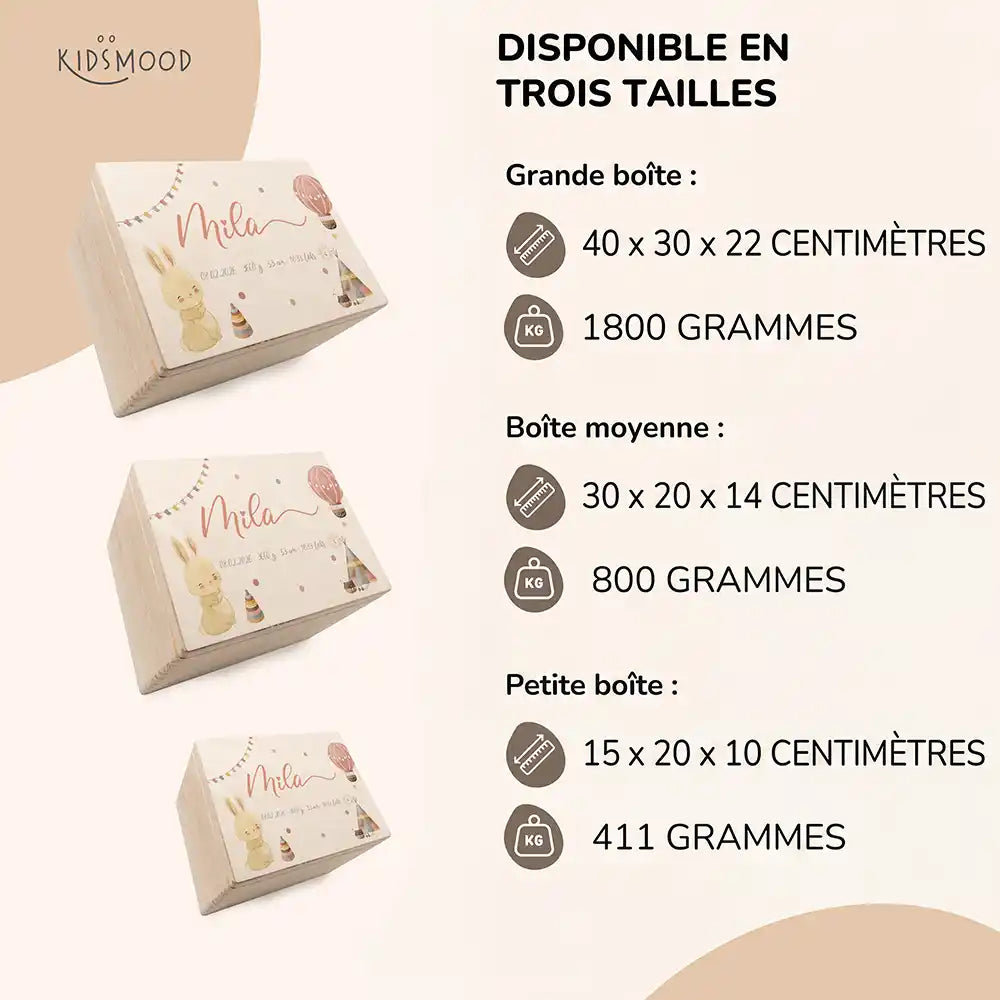 Boîte à souvenirs bébé personnalisée Lapin et montgolfière – aperçu des trois tailles disponibles avec dimensions