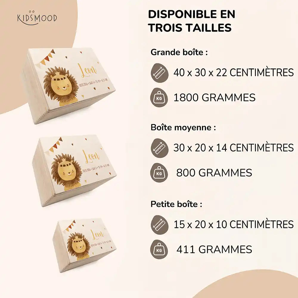 Boîte à souvenirs bébé personnalisée Petit lion – aperçu des trois tailles disponibles avec dimensions