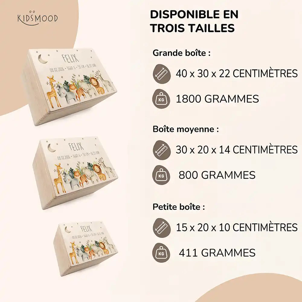 Boîte à souvenirs bébé personnalisée Animaux de la savane – aperçu des trois tailles disponibles avec dimensions