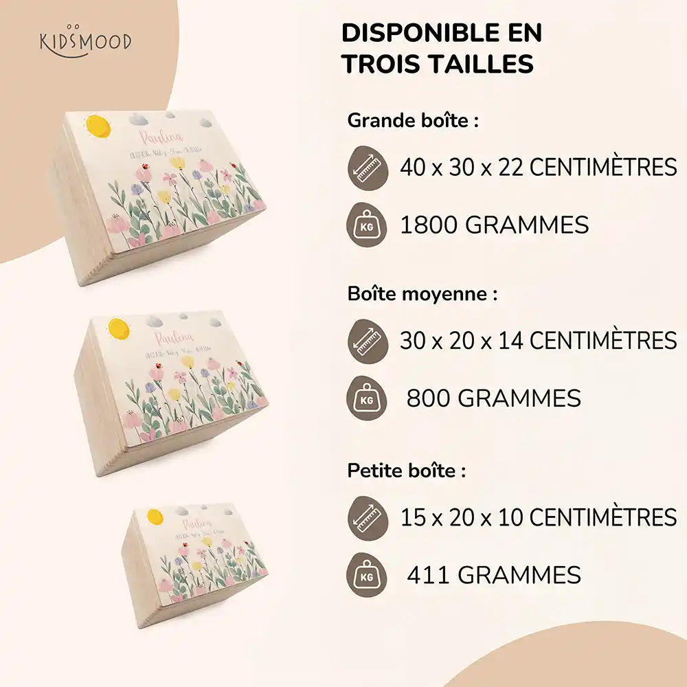 Boîte à souvenirs bébé personnalisée Fleurs sauvages – aperçu des trois tailles disponibles avec dimensions