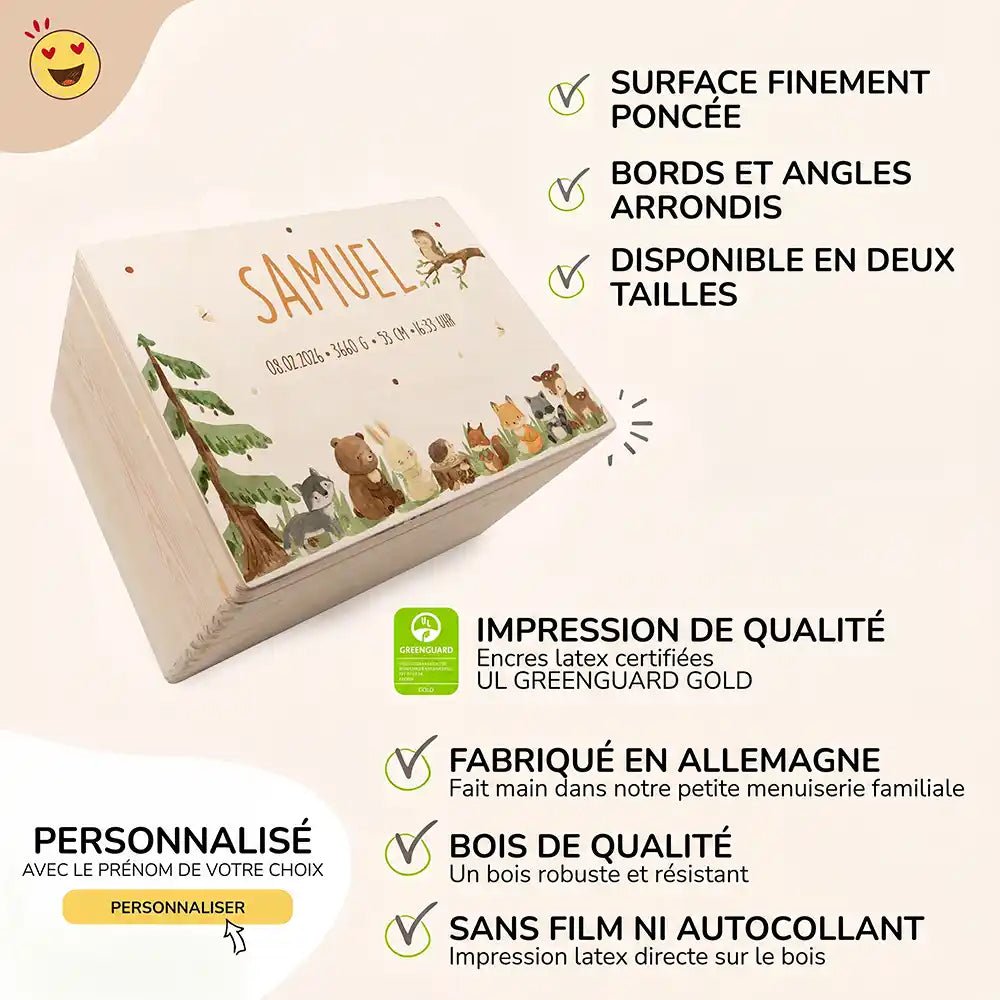 Boîte à souvenirs bébé personnalisée Animaux de la forêt – surface poncée, bords arrondis, impression directe sur le bois