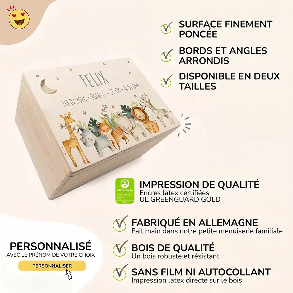 Boîte à souvenirs bébé personnalisée Animaux de la savane – surface poncée, bords arrondis, impression directe sur le bois