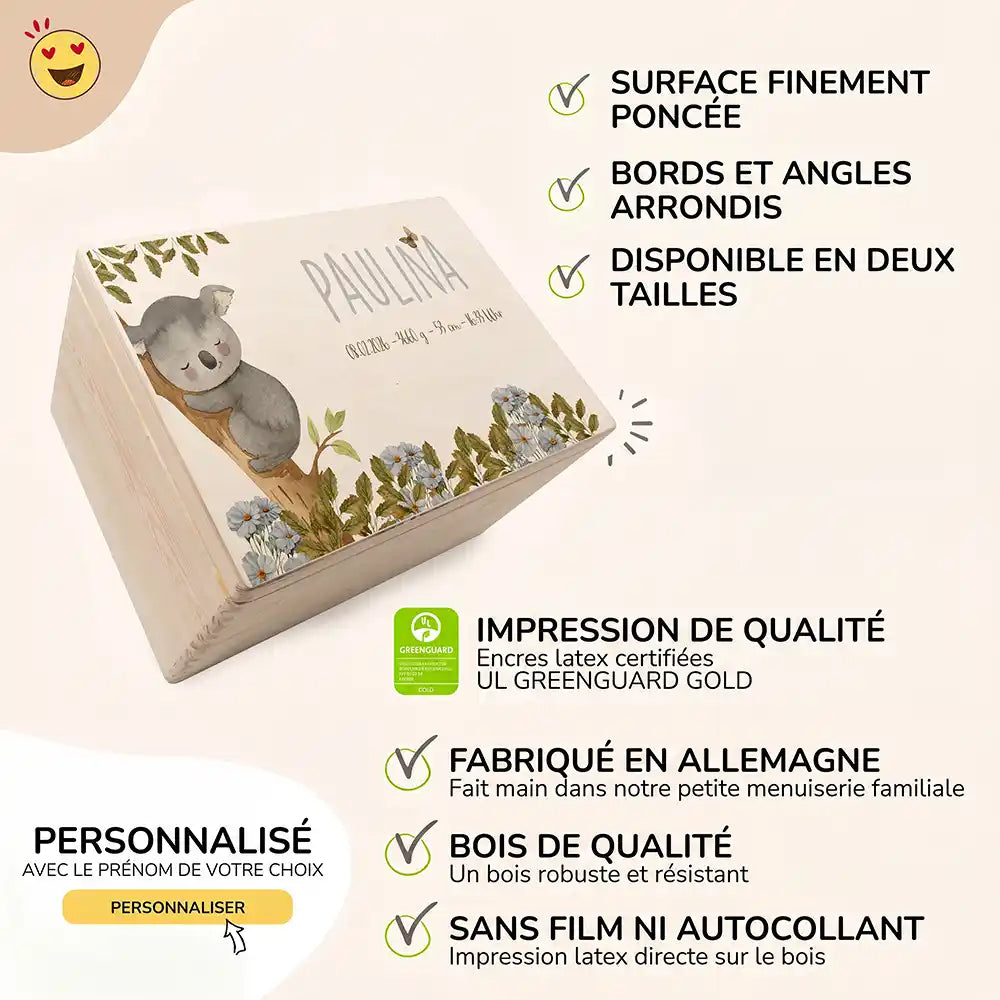 Boîte à souvenirs bébé personnalisée Koala – surface poncée, bords arrondis, impression directe sur le bois