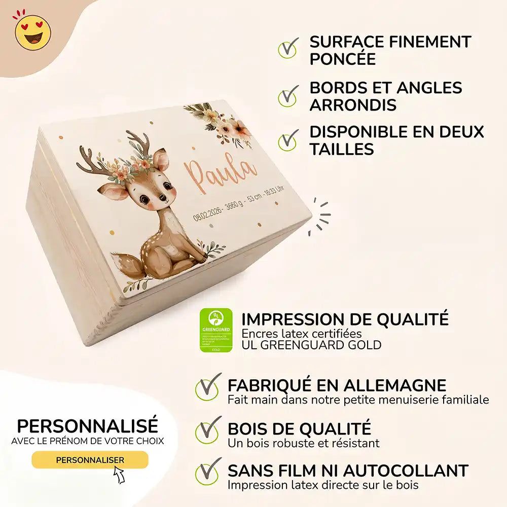 Boîte à souvenirs bébé personnalisée Faon couronne de fleurs – surface poncée, bords arrondis, impression directe sur le bois