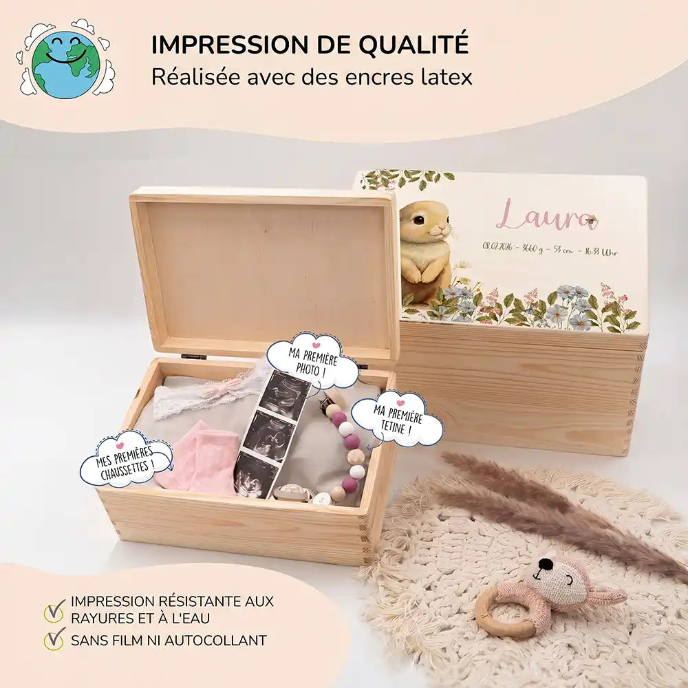 Boîte à souvenirs bébé personnalisée Petit lapin – boîte ouverte avec les premiers souvenirs de bébé