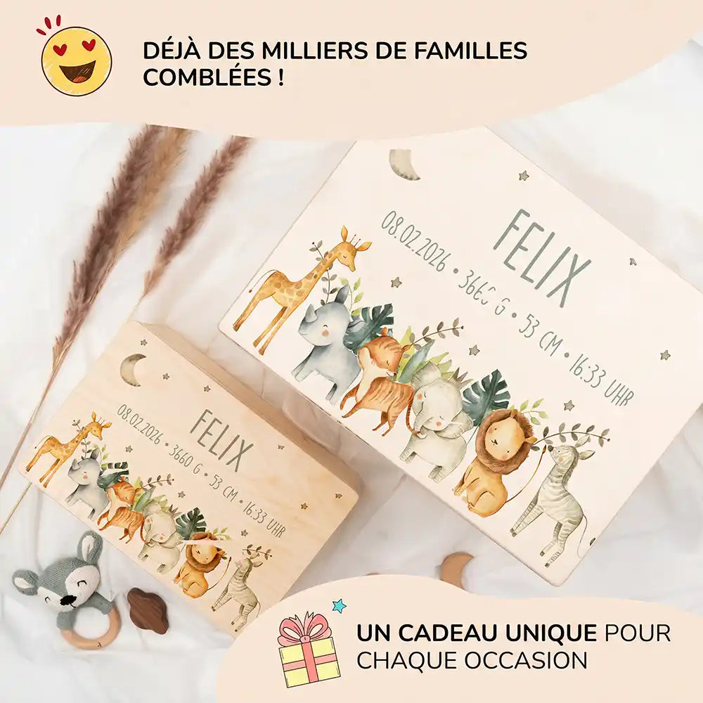 Boîte à souvenirs bébé personnalisée Animaux de la savane – les deux grandes tailles présentées ensemble