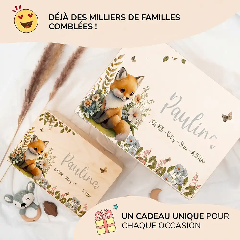 Boîte à souvenirs bébé personnalisée Bébé renard – les deux grandes tailles présentées ensemble
