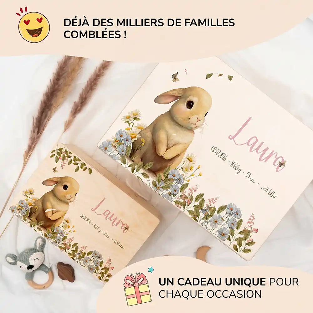 Boîte à souvenirs bébé personnalisée Petit lapin – les deux grandes tailles présentées ensemble