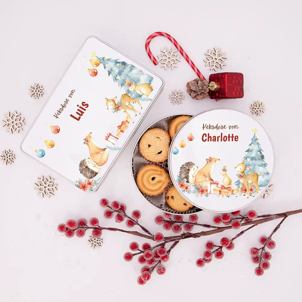 Keksdose aus Metal personalisiert - Festliche Waldfreunde