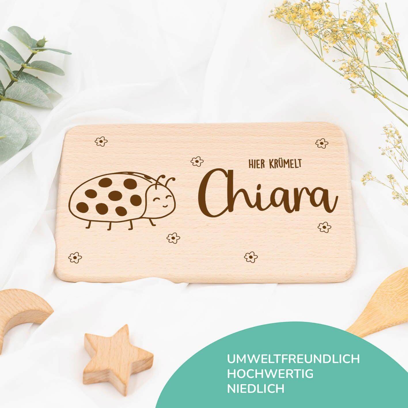 breakfast board with marienkäfer design and personalized name