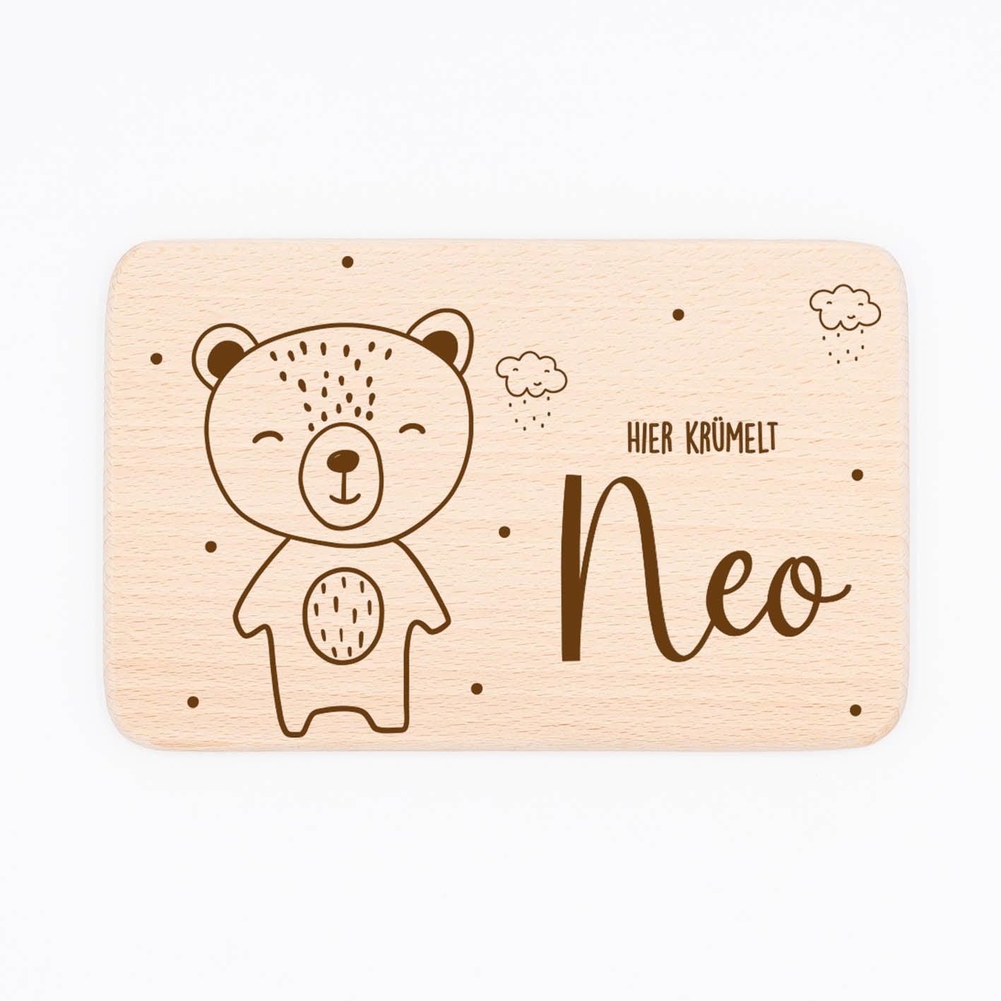 engraved wooden breakfast board with baby bear design