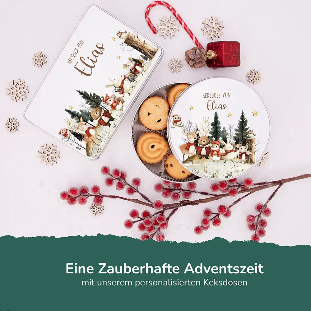 Keksdose aus Metal personalisiert - Weihnachtsfreunde im Schnee