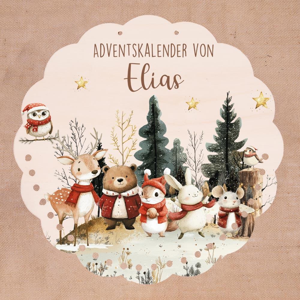 Personalisierter runder Adventskalender Kinder aus Holz - Weihnachtsdorf