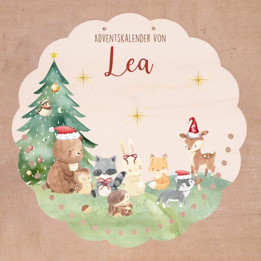 Personalisierter runder Adventskalender Kinder aus Holz - Niedliche Waldfreunde