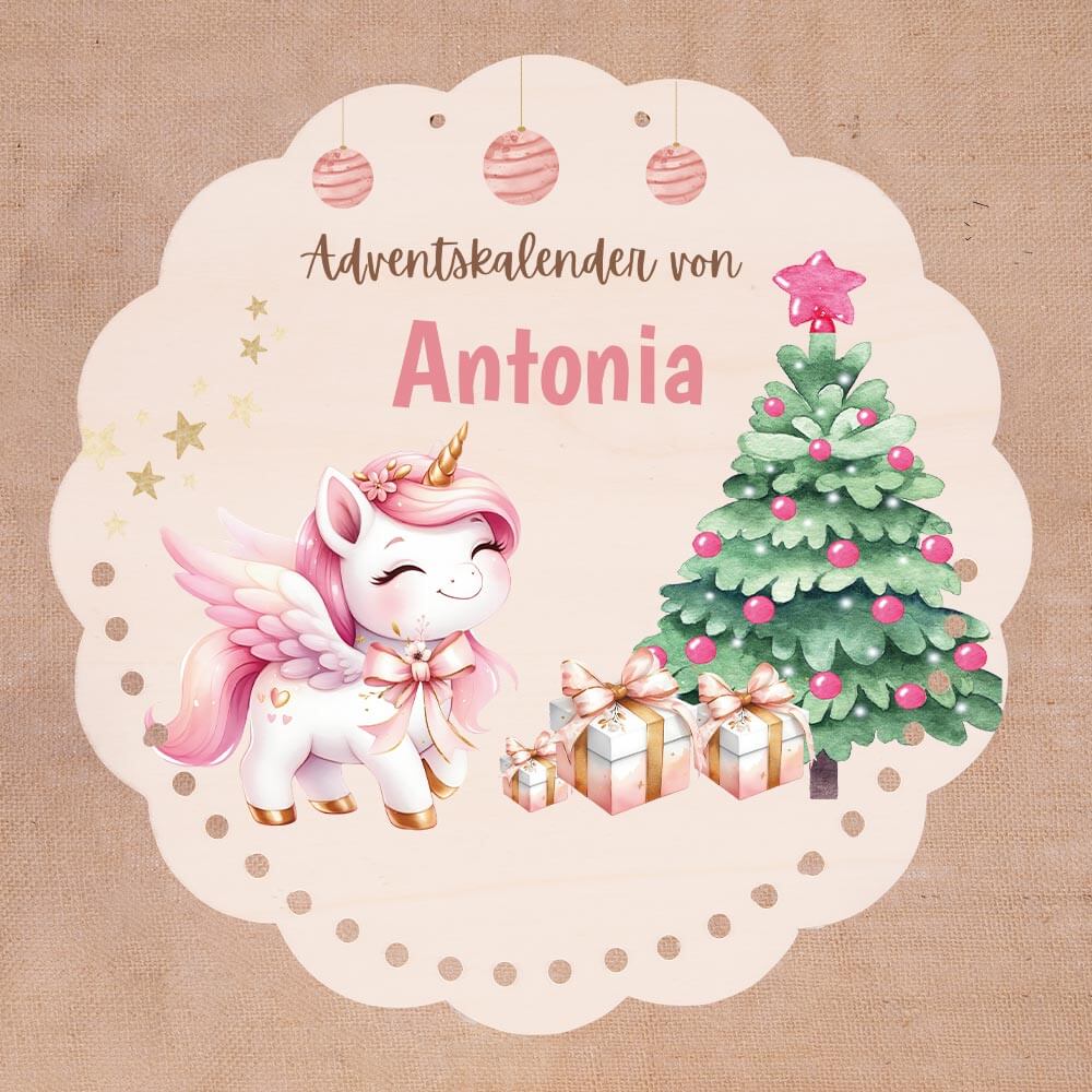 Personalisierter runder Adventskalender Kinder aus Holz - Baby Einhorn