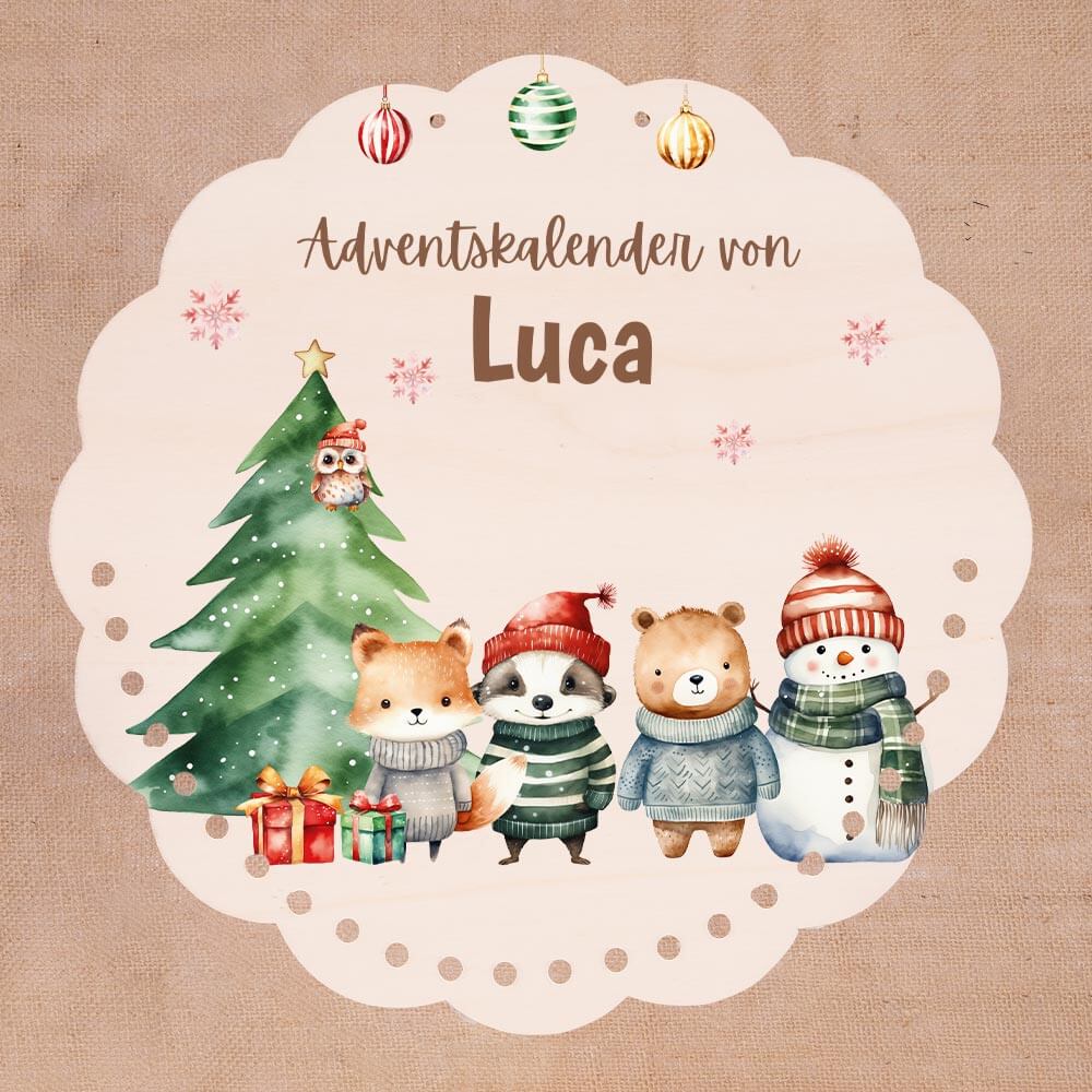 Personalisierter runder Adventskalender Kinder aus Holz - Tierische Weihnachtsbande