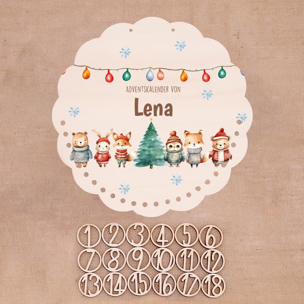 Personalisierter runder Adventskalender Kinder aus Holz - Niedliche Waldfreunde