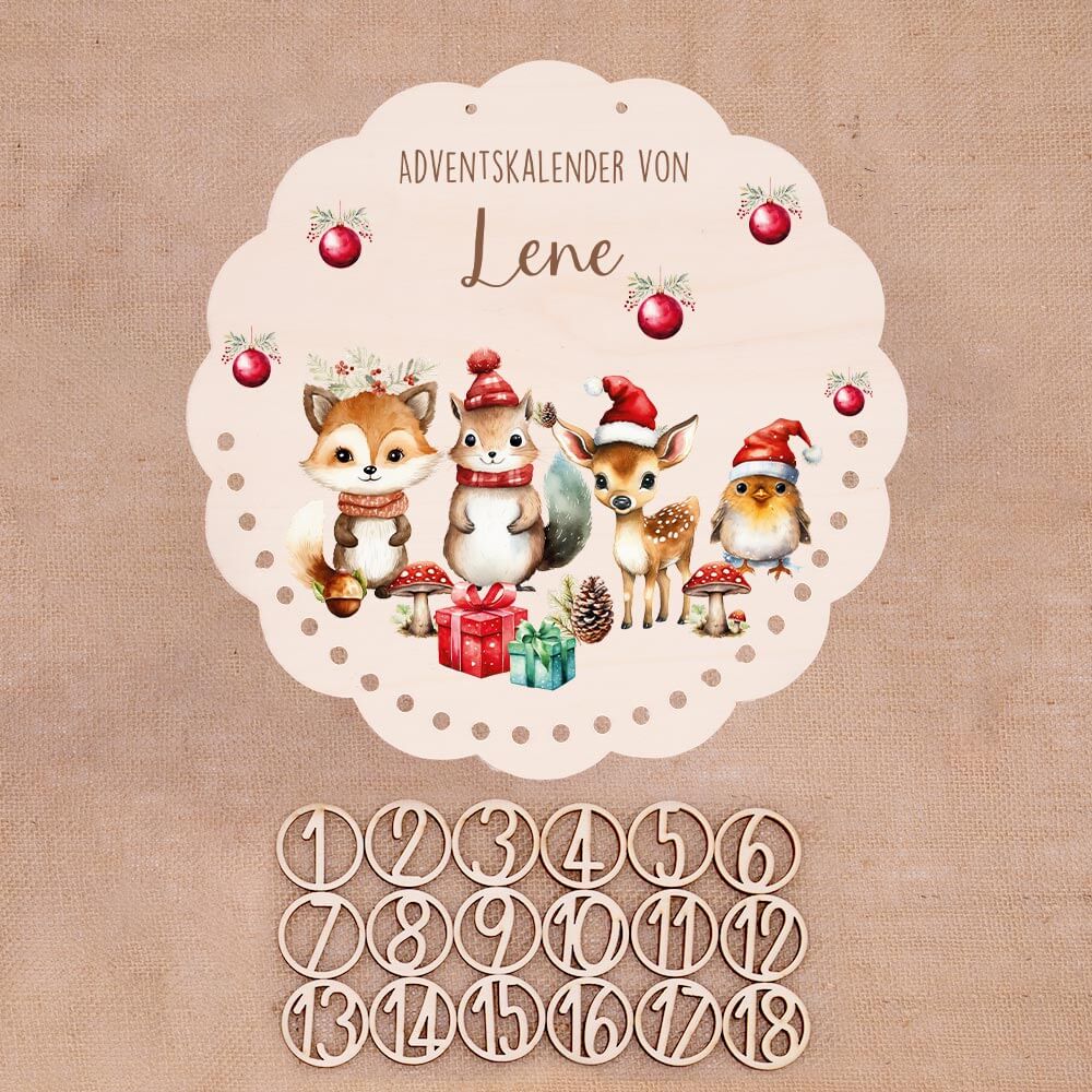 Personalisierter runder Adventskalender Kinder aus Holz - Tierische Weihnachtsfeier