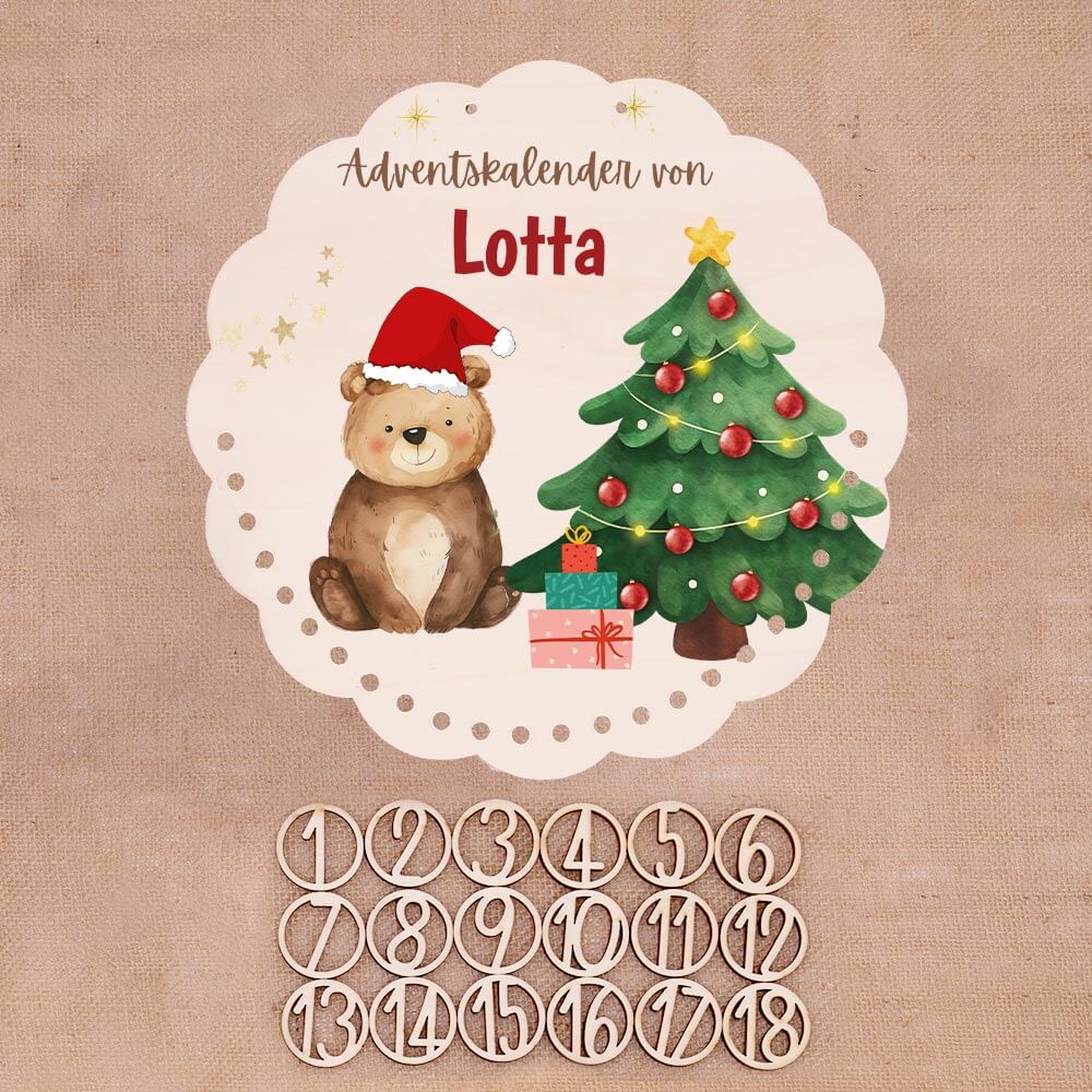 Personalisierter runder Adventskalender Kinder aus Holz - Weihnachtsbär