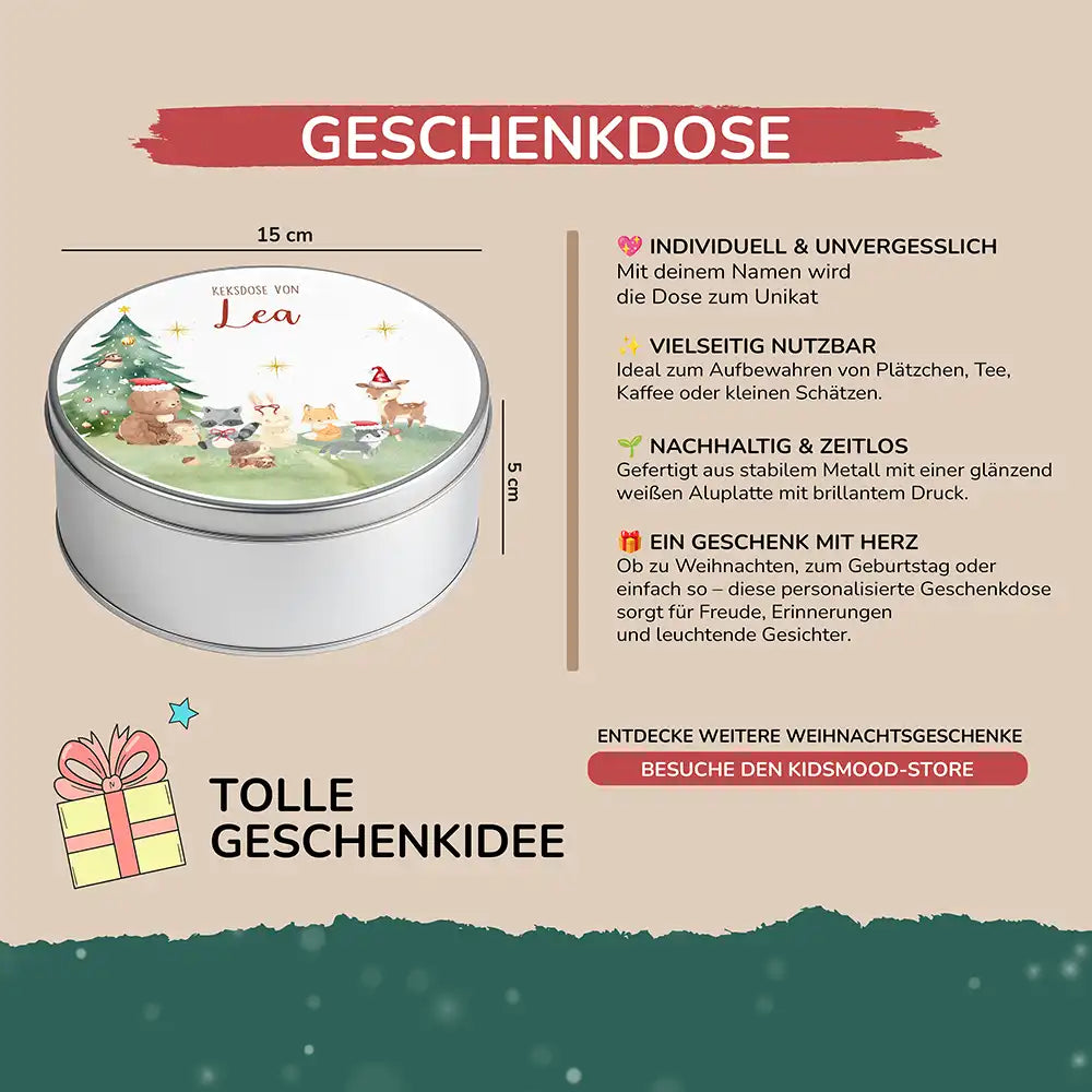 Keksdose aus Metal personalisiert - Kleine Waldbewohner im Weihnachtsglanz