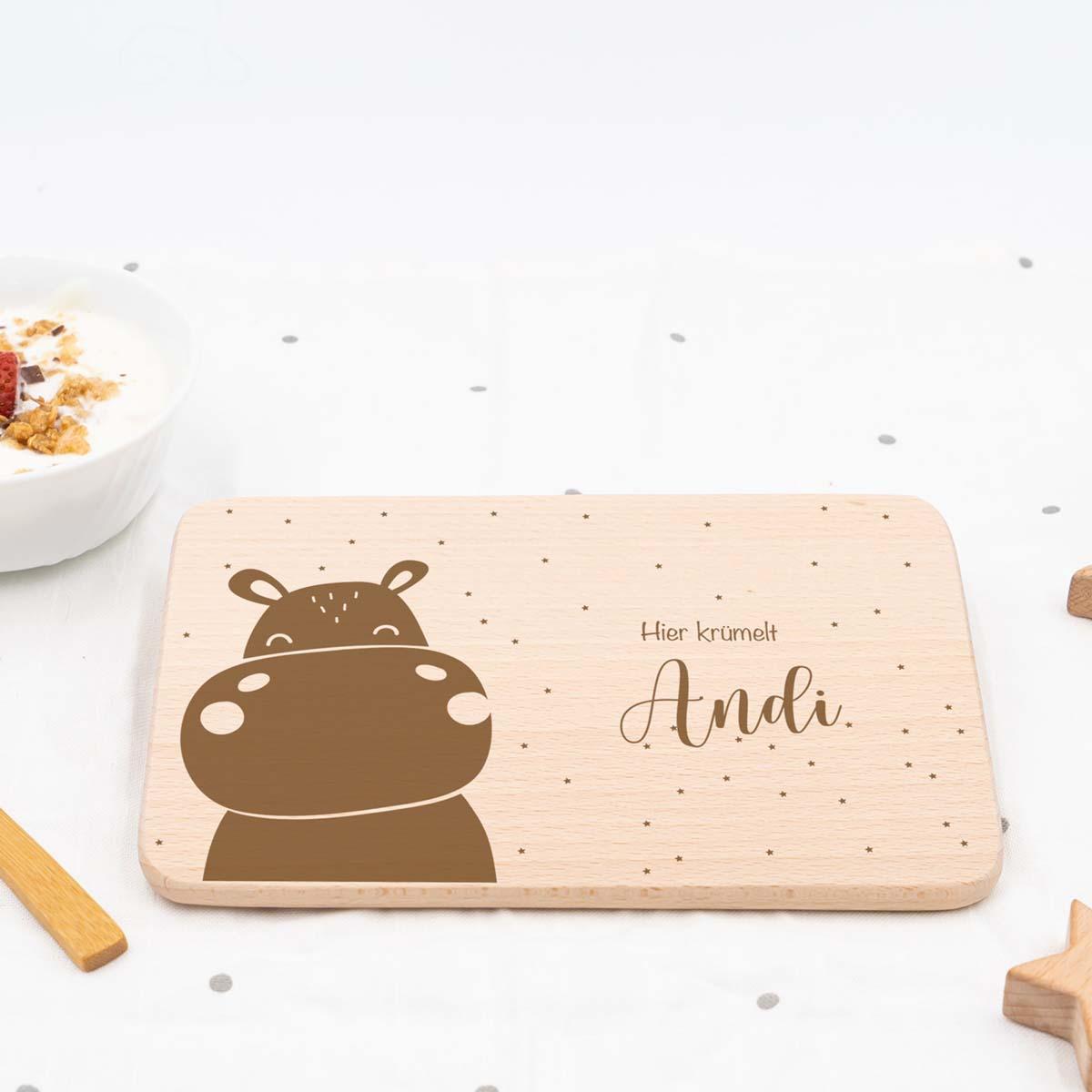 engraved breakfast board with hippo and custom name