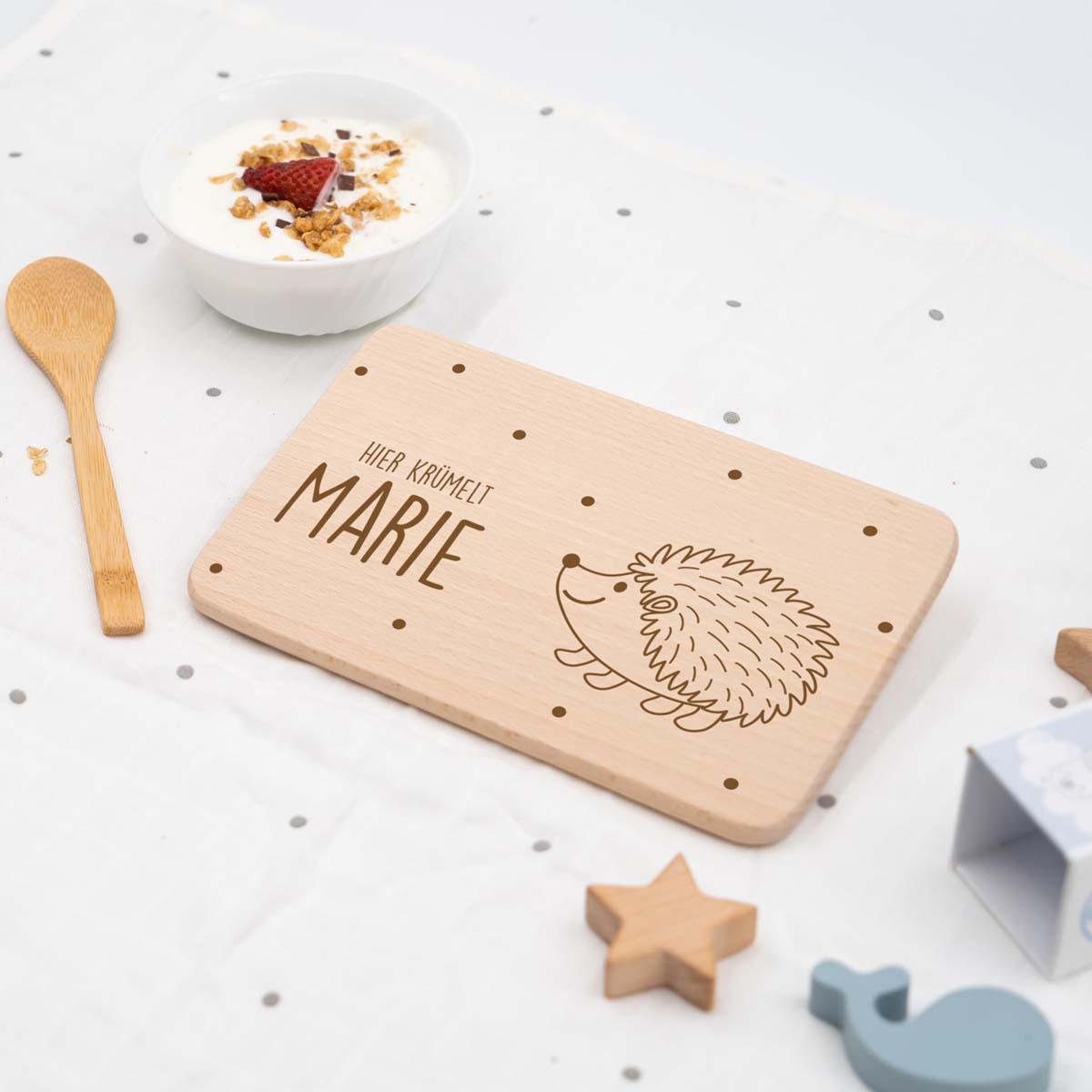 engraved breakfast board with hedgehog and custom name
