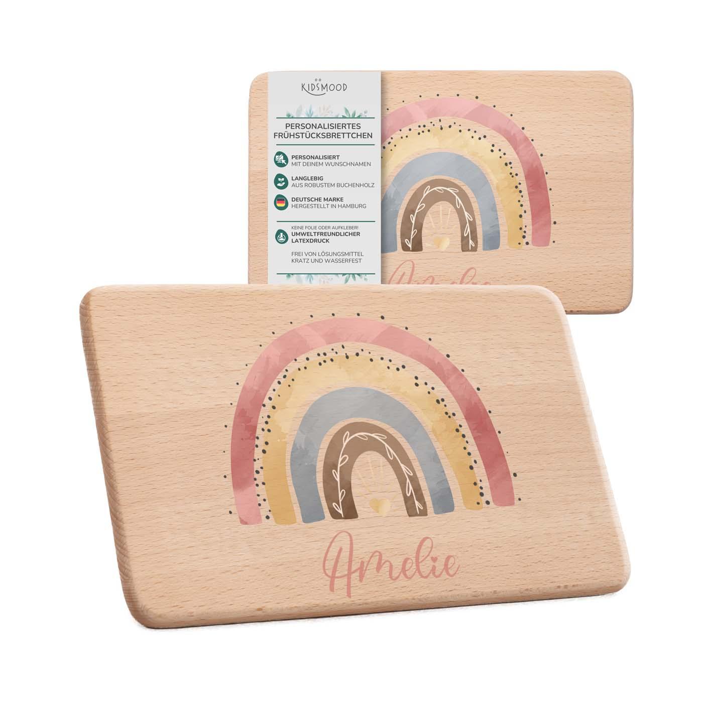 personalisiertes frühstücksbrettchen mit regenbogen design