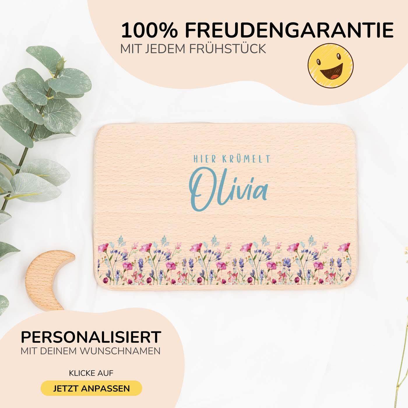 nahaufnahme des frühstücksbrettchens mit blumenpark motiv