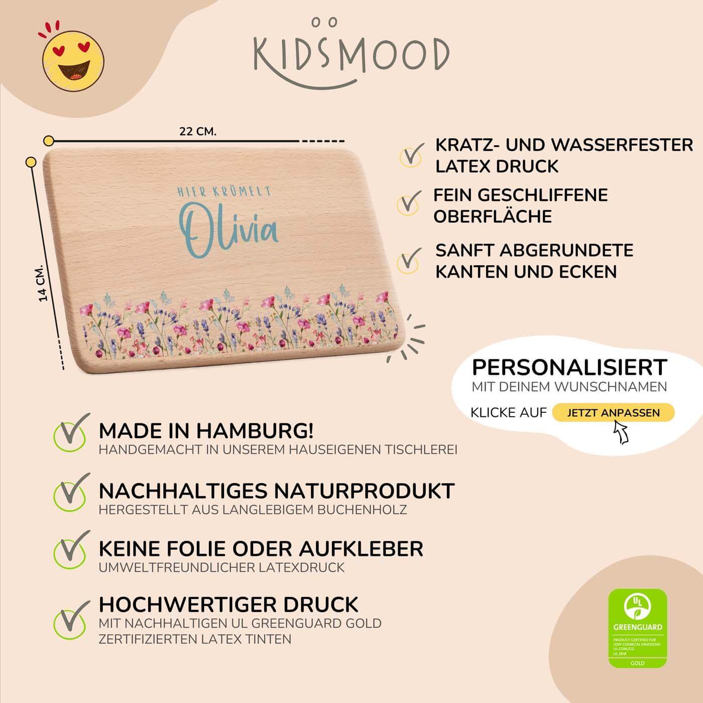 detailansicht der gravur auf dem frühstücksbrettchen mit blumenpark