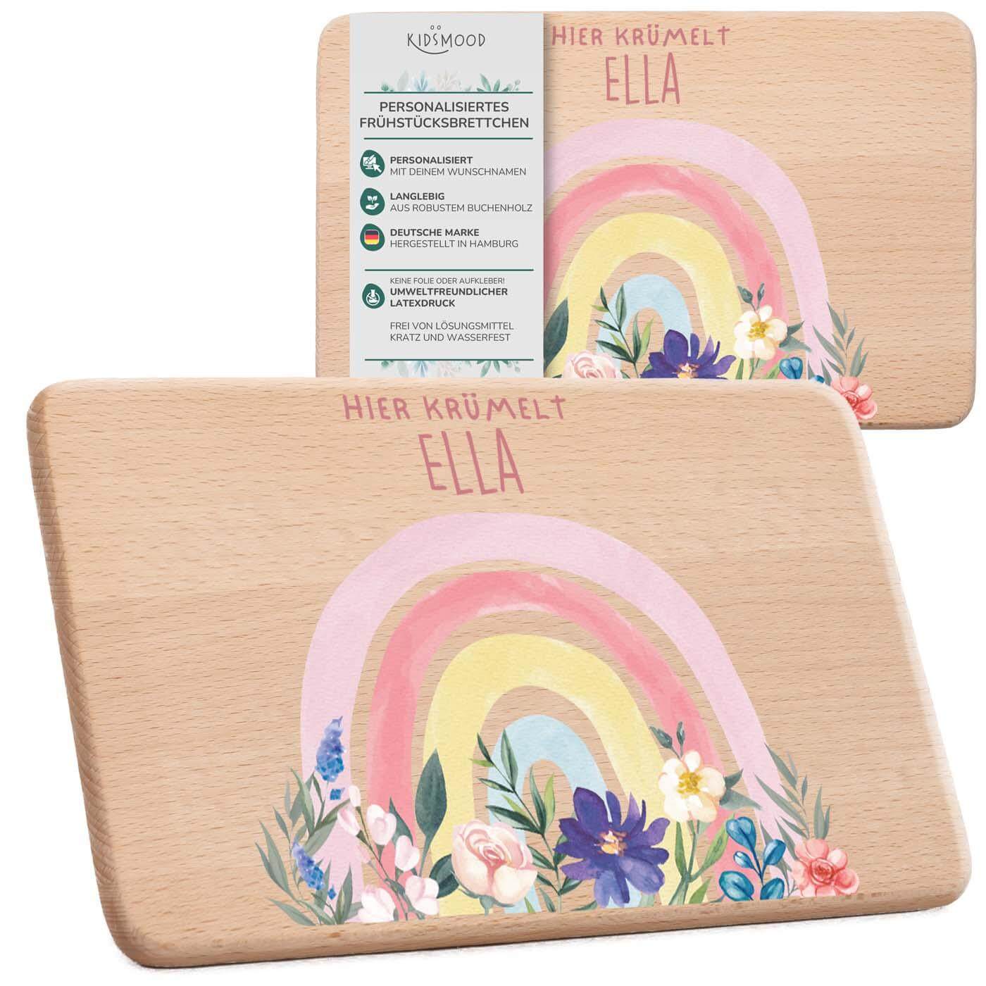 personalisiertes frühstücksbrettchen mit blumen-regenbogen design