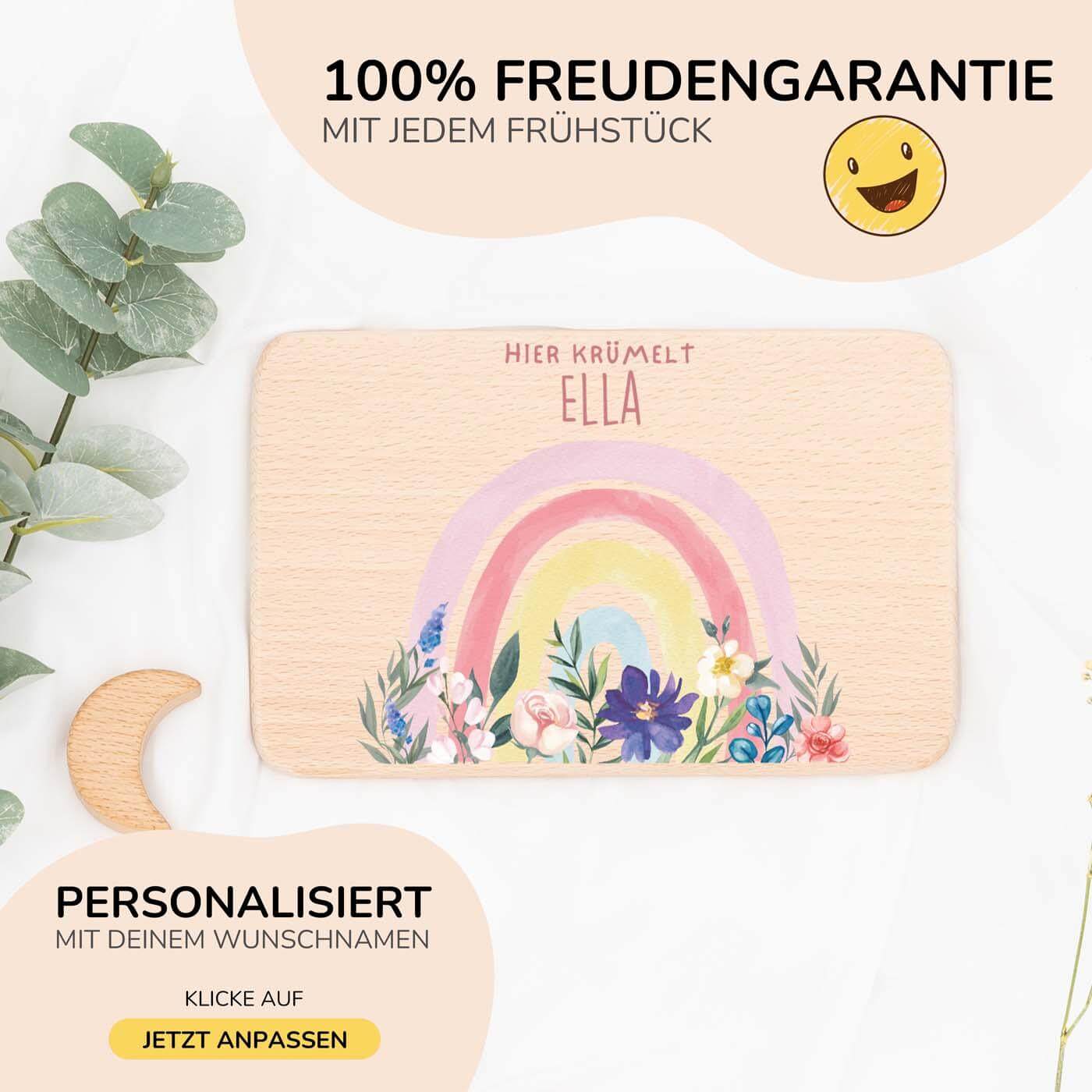 frühstücksbrettchen mit blumen-regenbogen motiv und individuellem namen