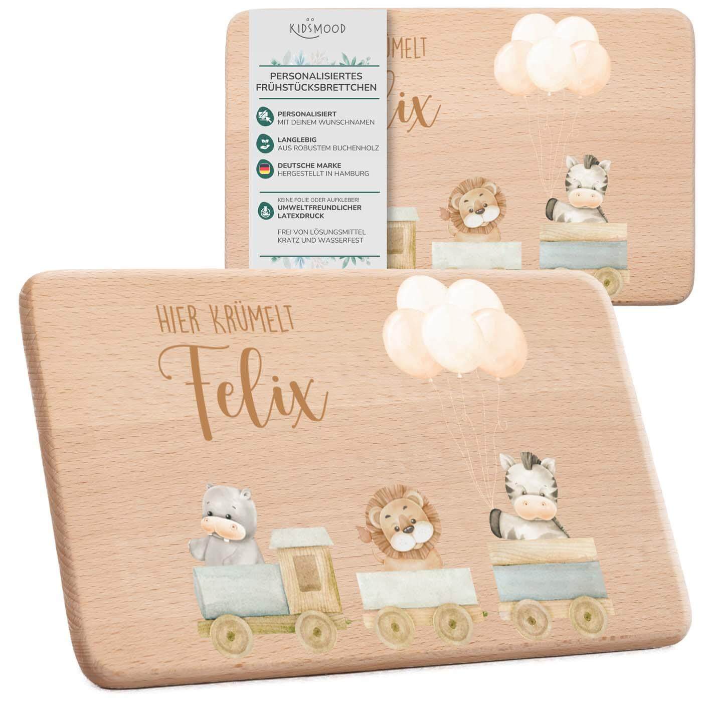 frühstücksbrettchen mit tier-eisenbahn motiv und individuellem namen
