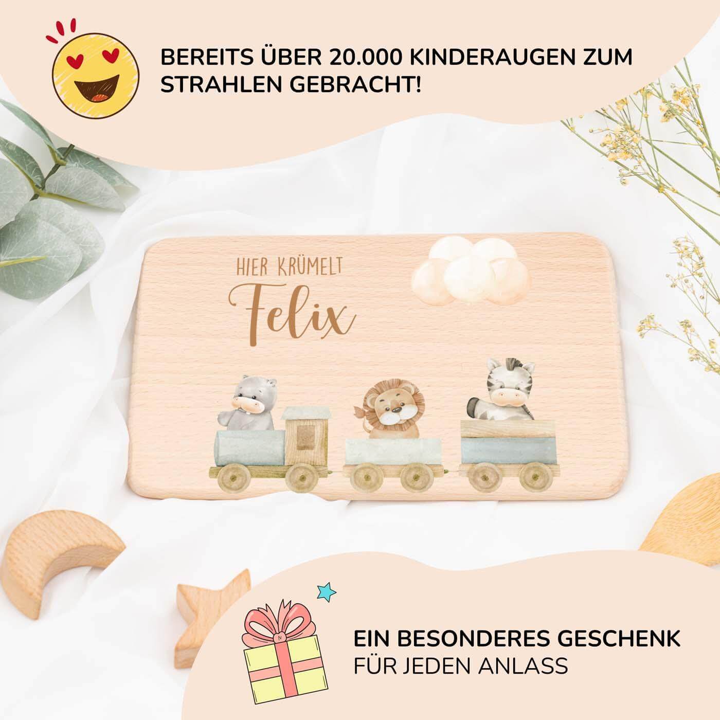 personalisiertes geschenk frühstücksbrettchen mit tier-eisenbahn design