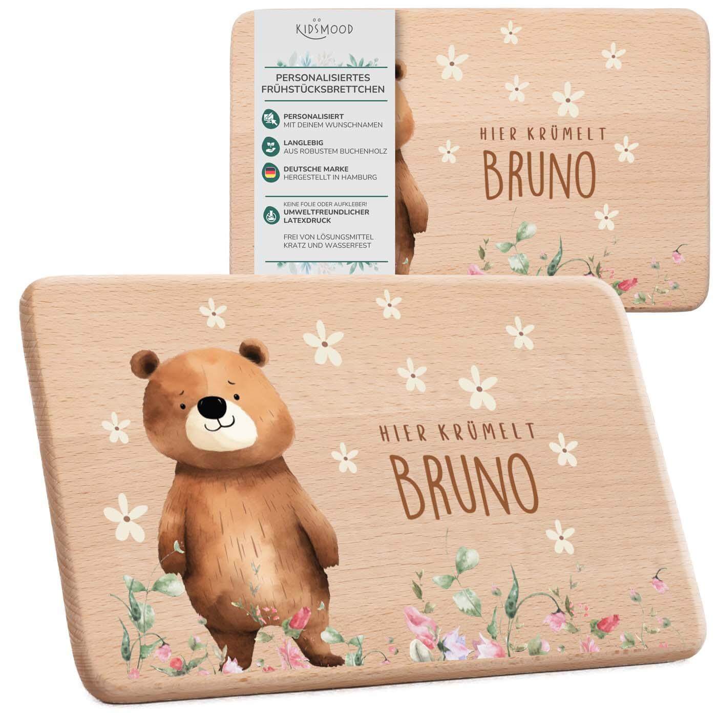 personalisiertes frühstücksbrettchen mit bär und blumenwiese design
