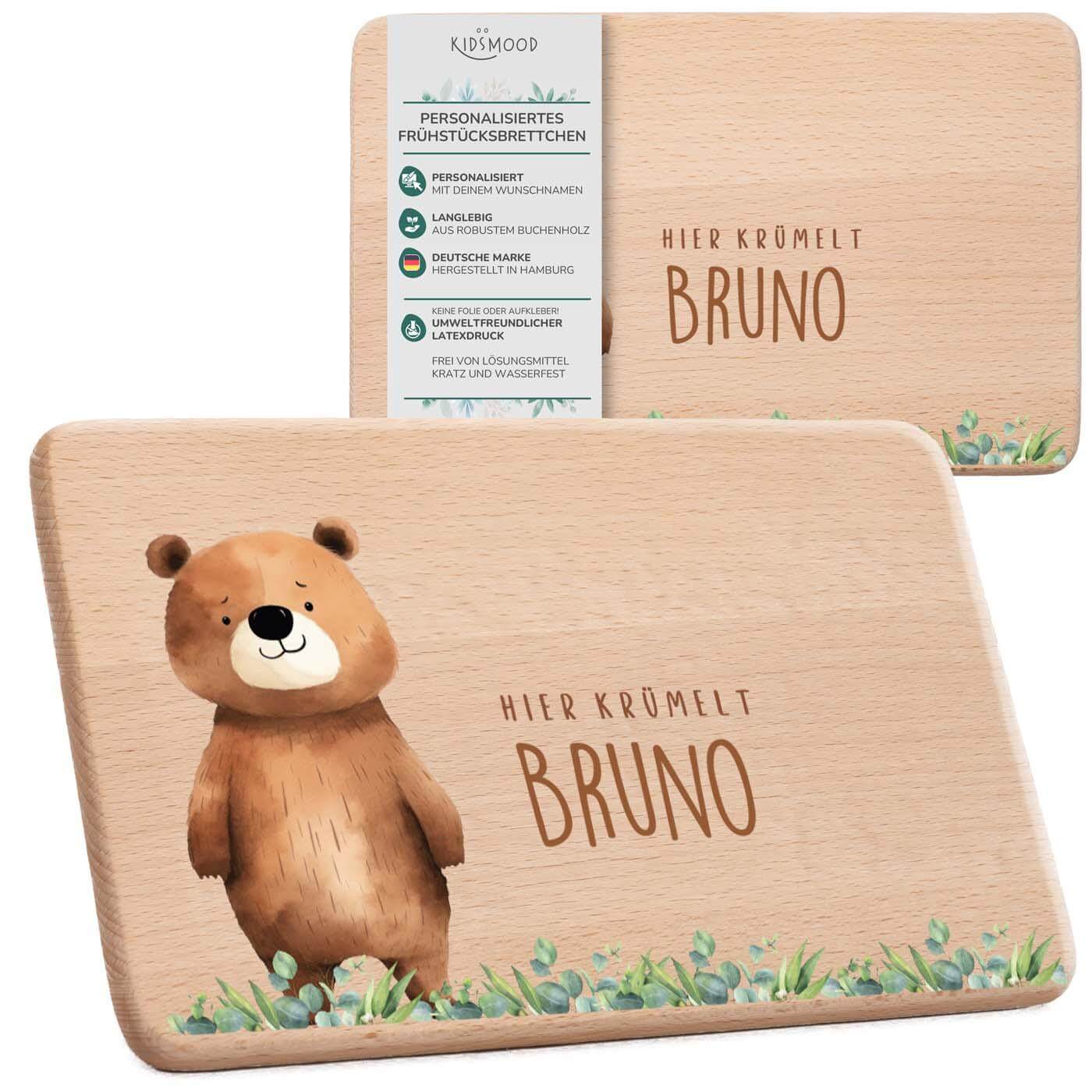 personalisiertes frühstücksbrettchen mit bär und regenbogen design