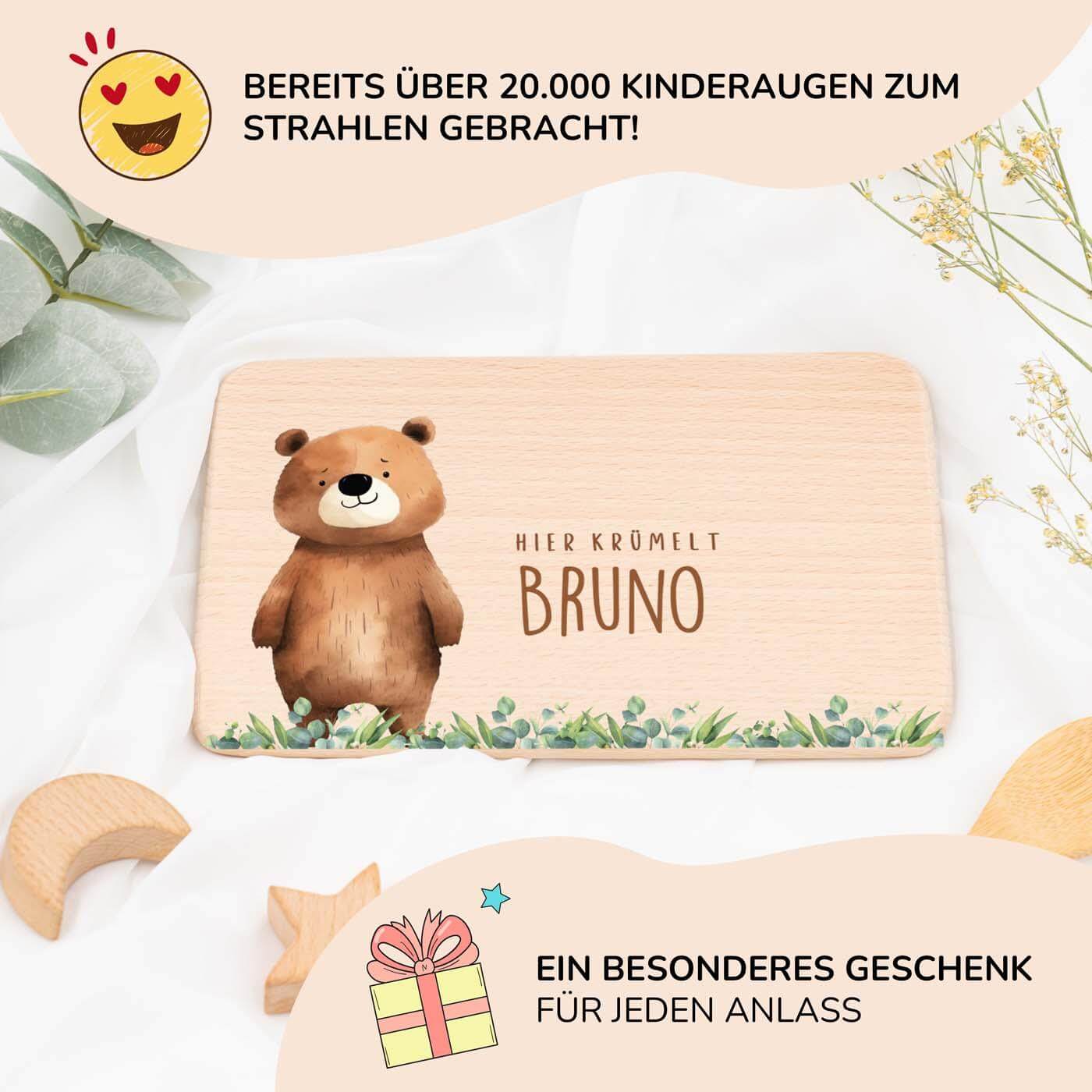 hochwertiges frühstücksbrettchen mit bär und regenbogen personalisiert