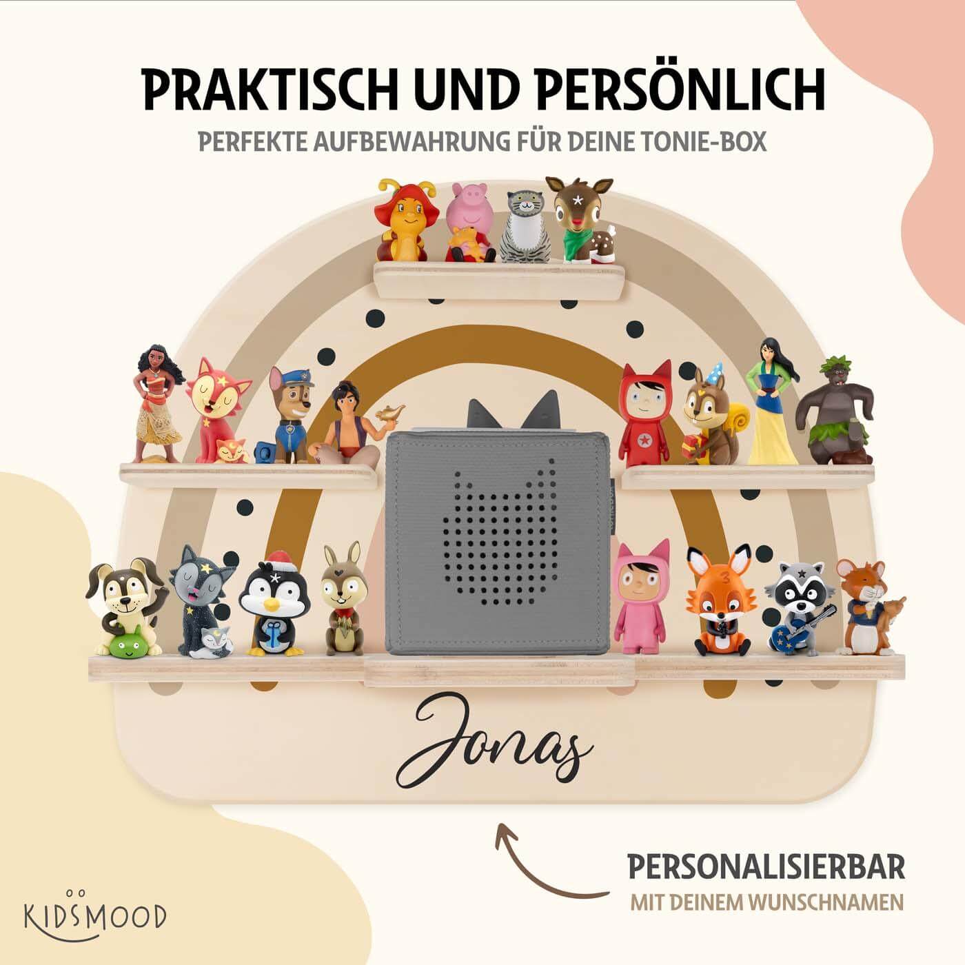 engraved wooden Tonie shelf with minimal rainbow and custom name