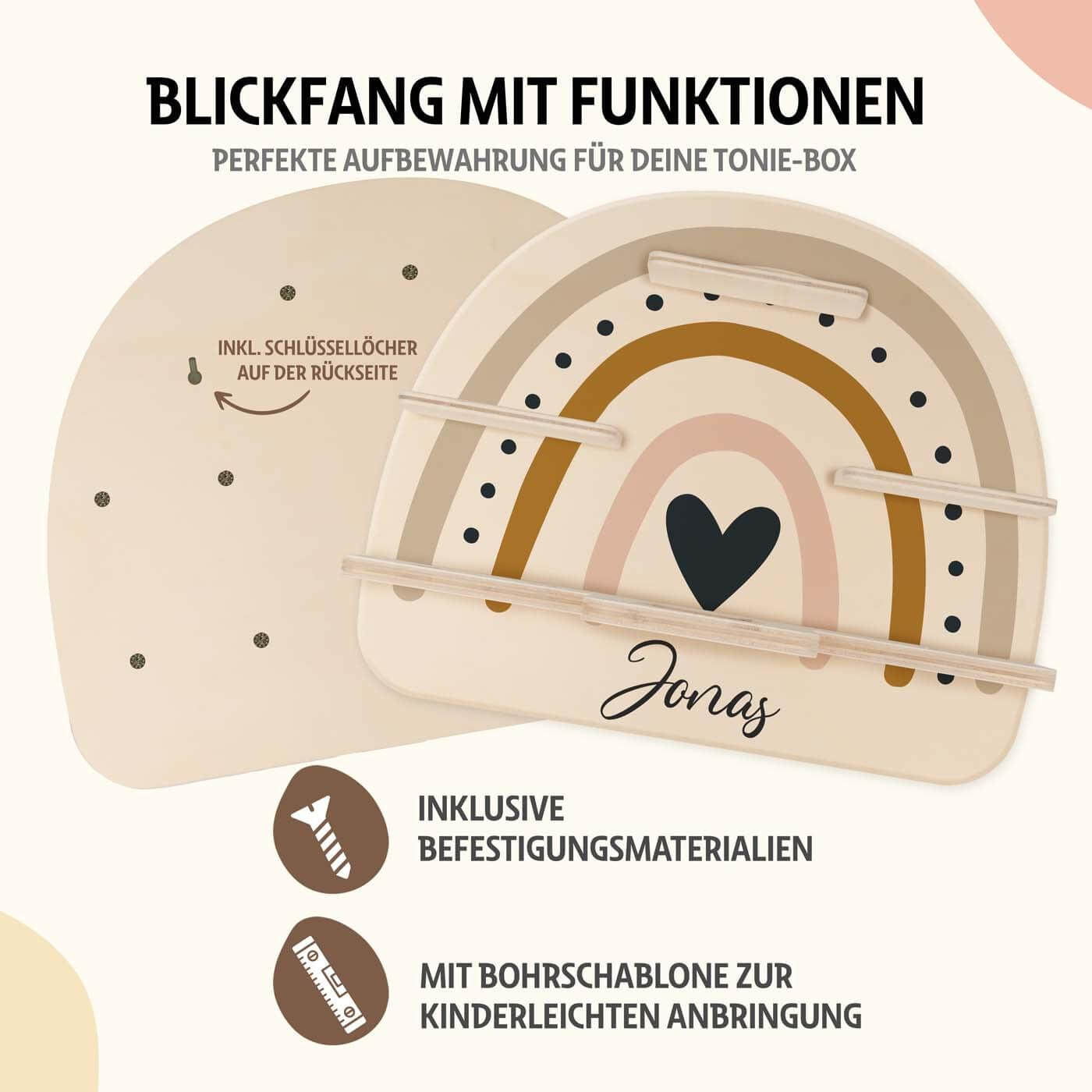 Tonie shelf with minimal regenbogen design and personalized name