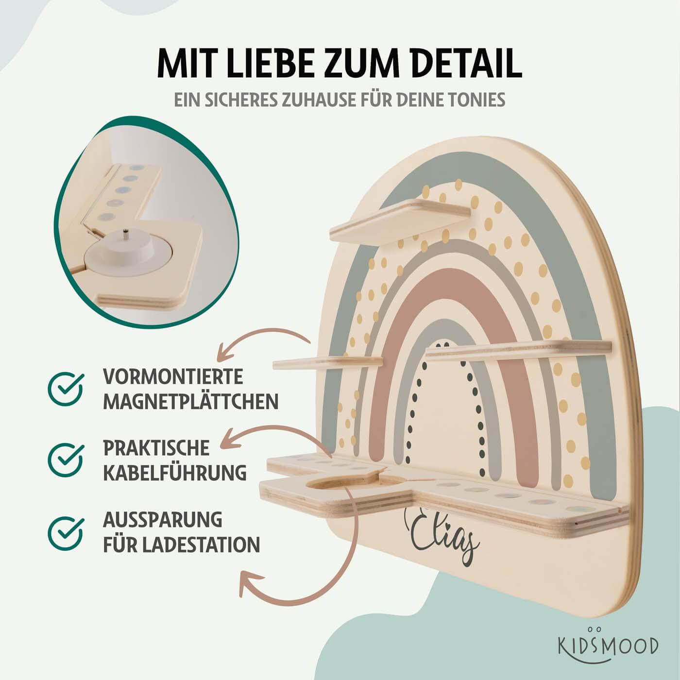 detailansicht der gravur auf dem tonie-regal mit regenbogen