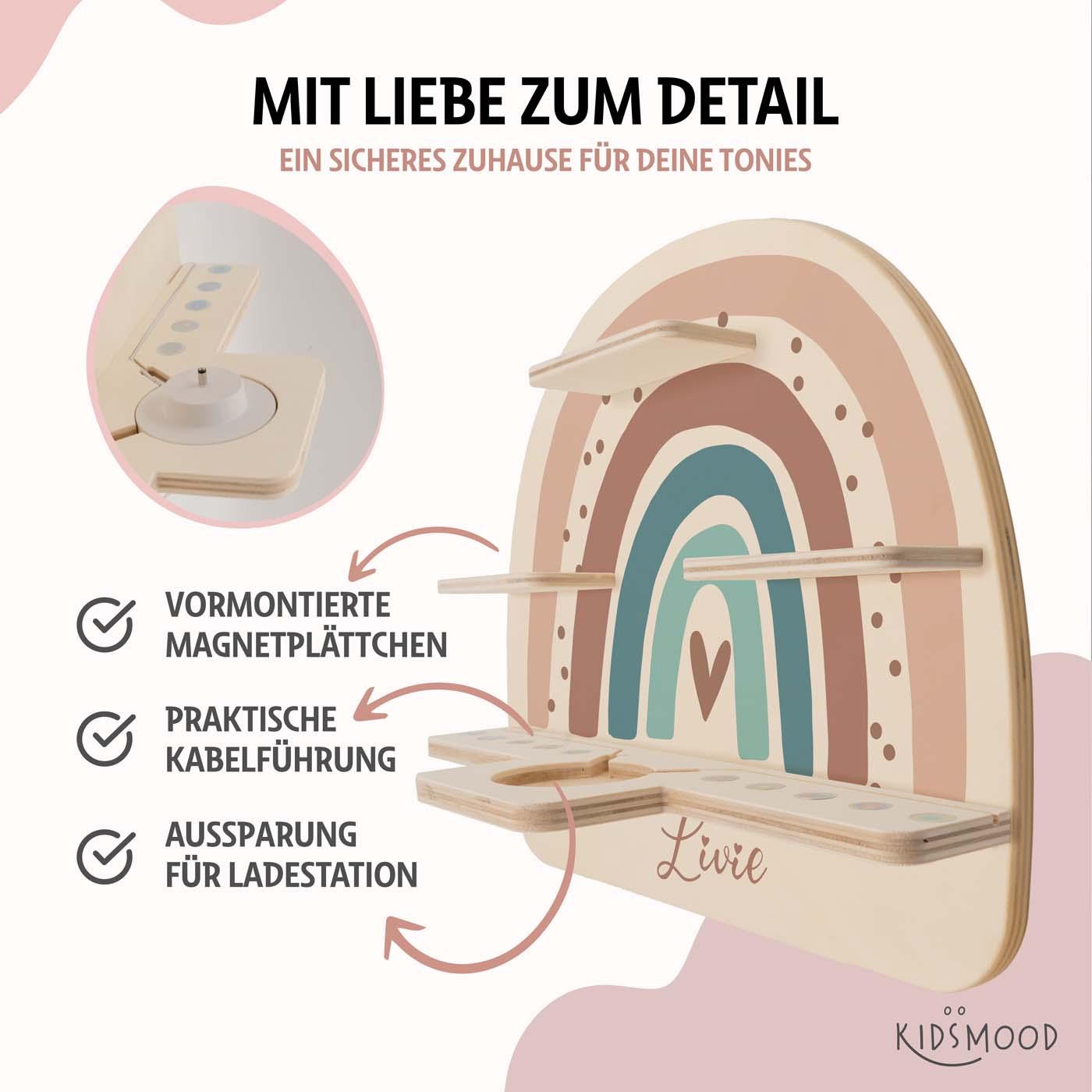 detailansicht der gravur auf dem tonie-regal mit boho regenbogen rosa