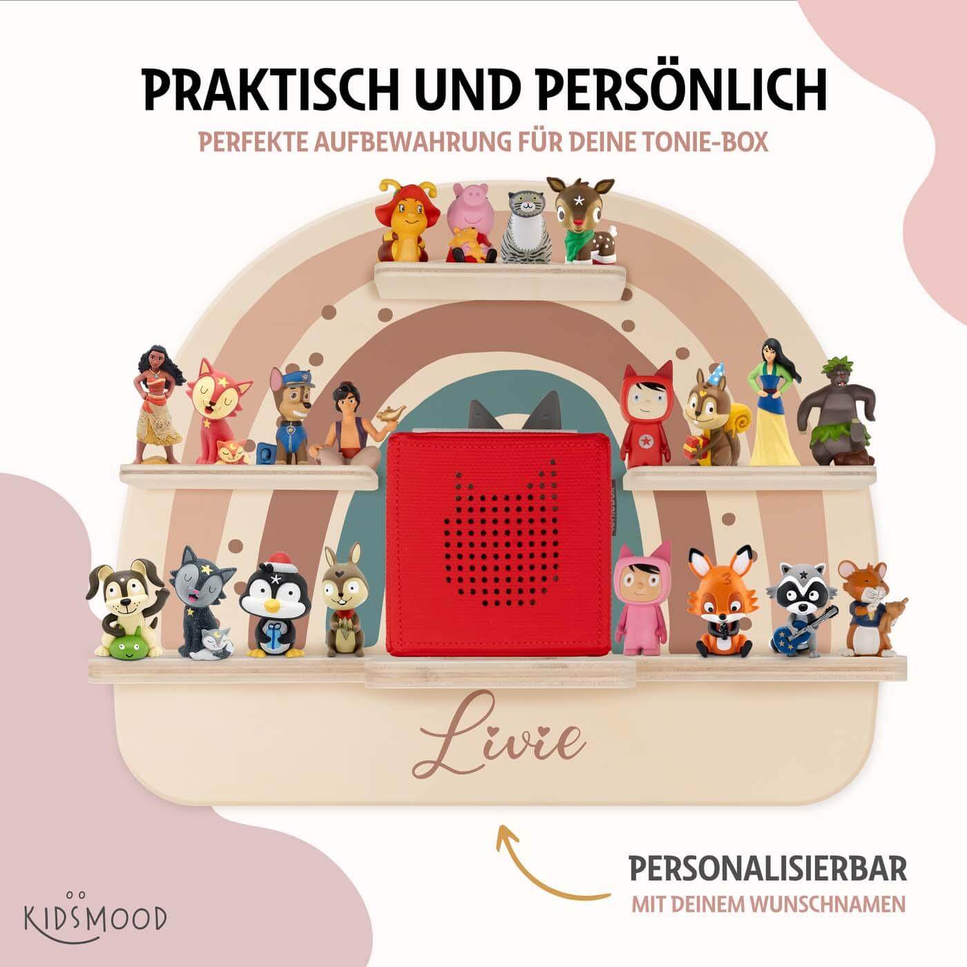 nahaufnahme des tonie-regals mit boho regenbogen rosa motiv