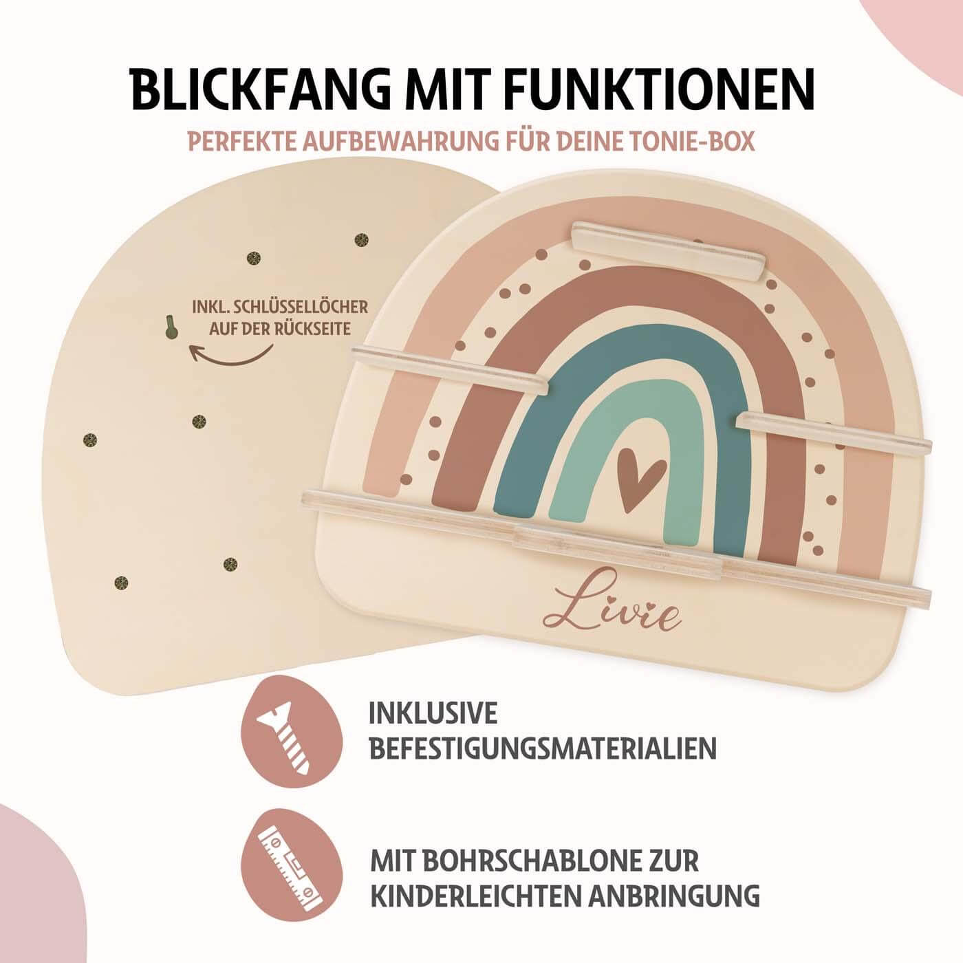 hochwertiges tonie-regal mit boho regenbogen rosa personalisiert