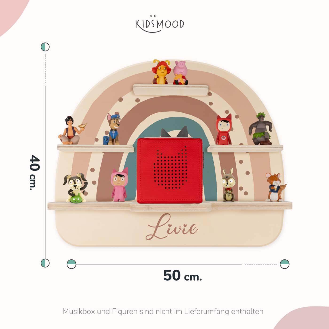 personalisiertes tonie-regal aus holz mit boho regenbogen rosa