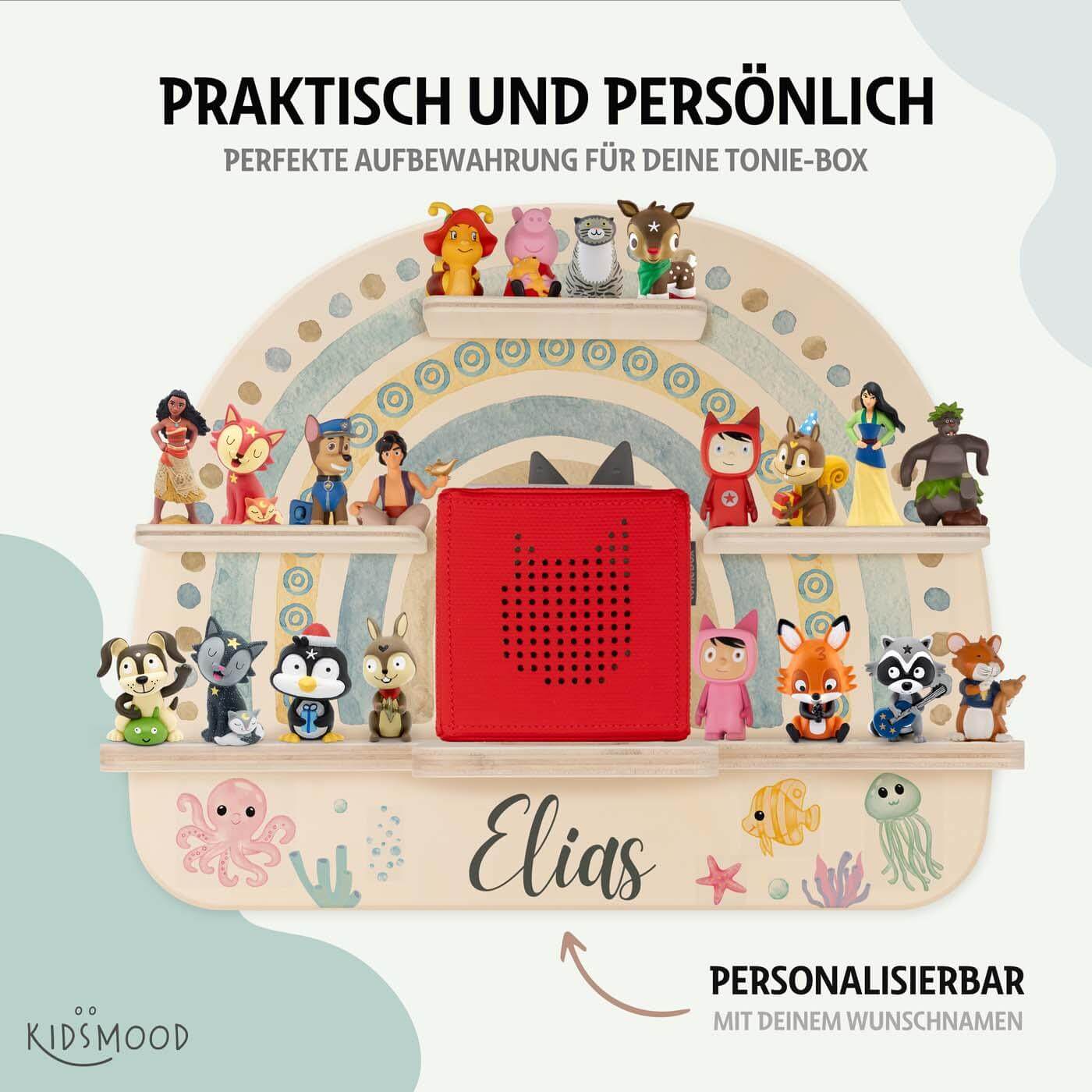 nahaufnahme des tonie-regals mit boho regenbogen und meer motiv