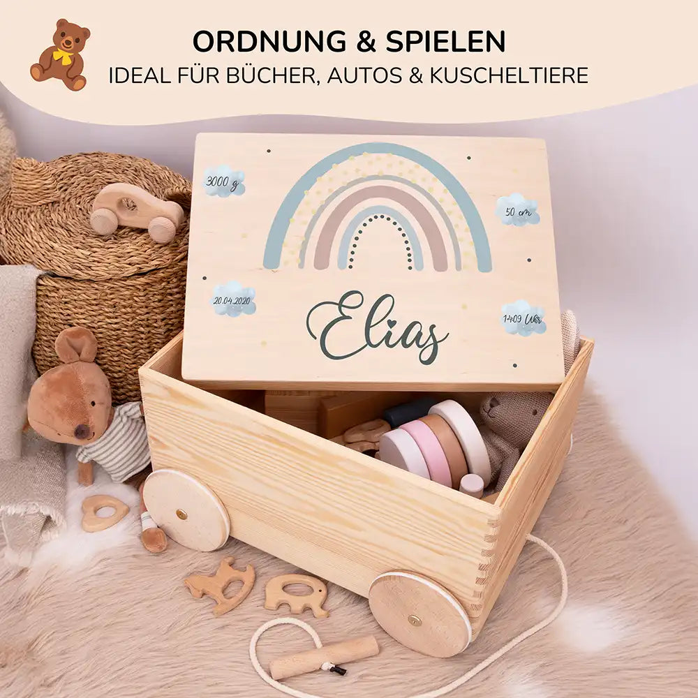 Spielzeugkiste mit Rädern personalisiert - Regenbogen