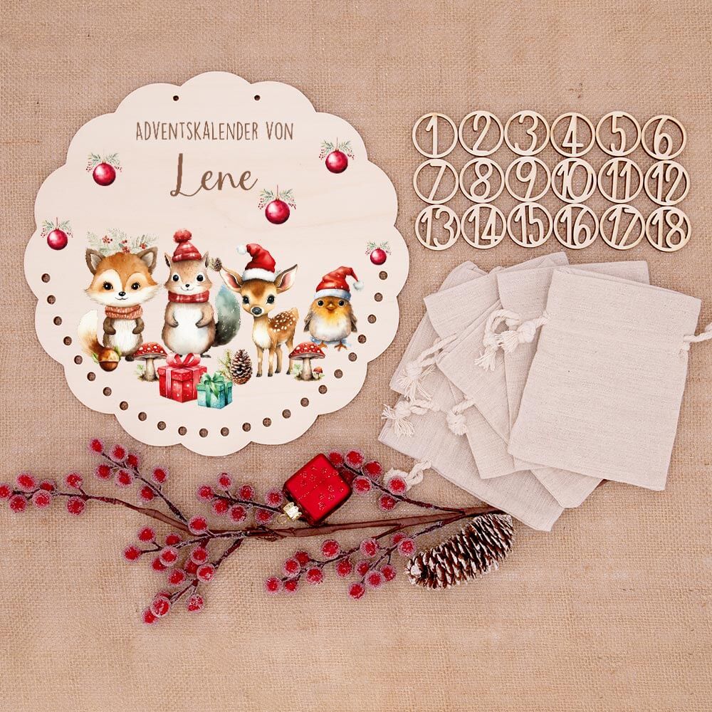 Personalisierter runder Adventskalender Kinder aus Holz - Tierische Weihnachtsfeier
